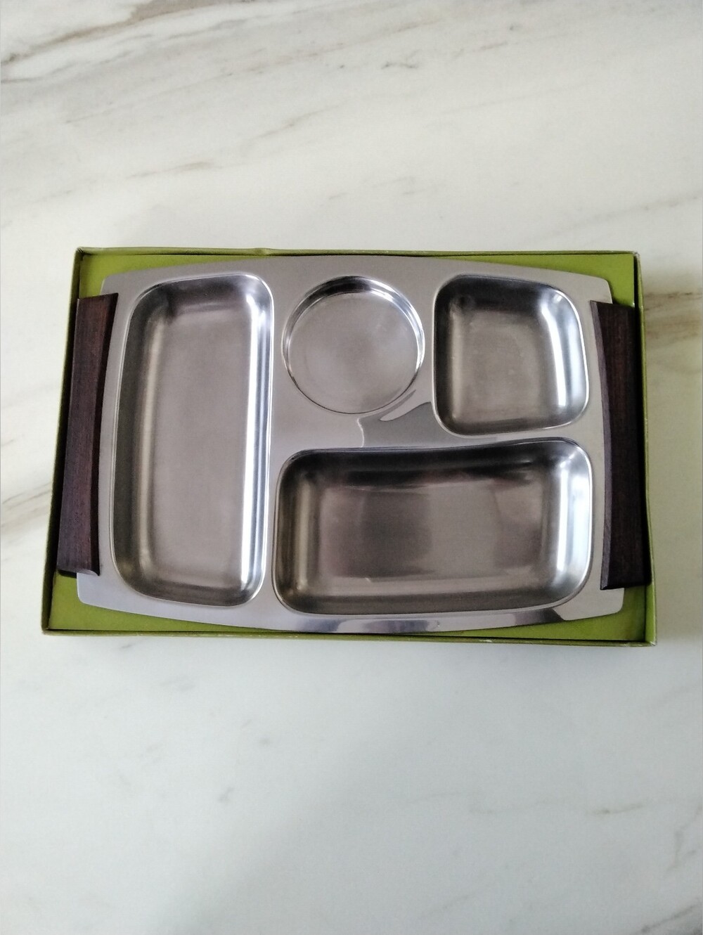 Stainless Steel Teak Wood Handles Divided Compartment Tray #S804 MCM Hong Kong